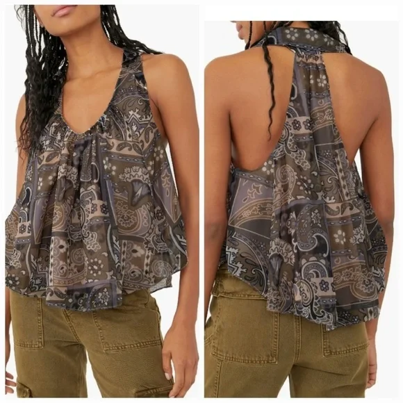 Free People Dark Combo Paisley Print Lightweight Swing Tank Top Sz Medium - Picture 1 of 6
